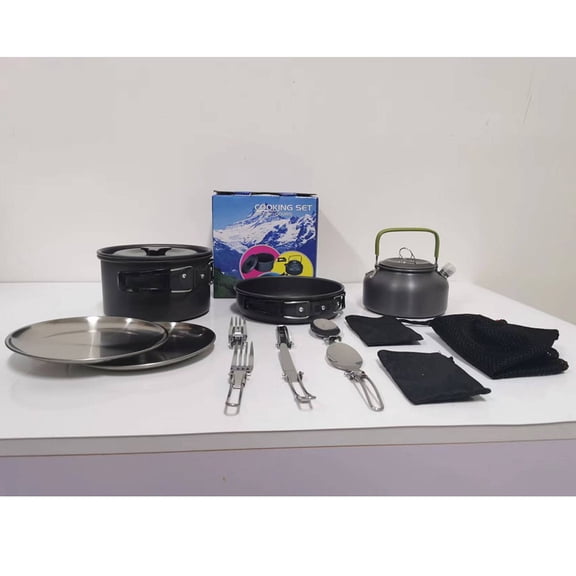 Compact Camping Cookware Set: Lightweight Pots, Kettle & Plates For Outdoor