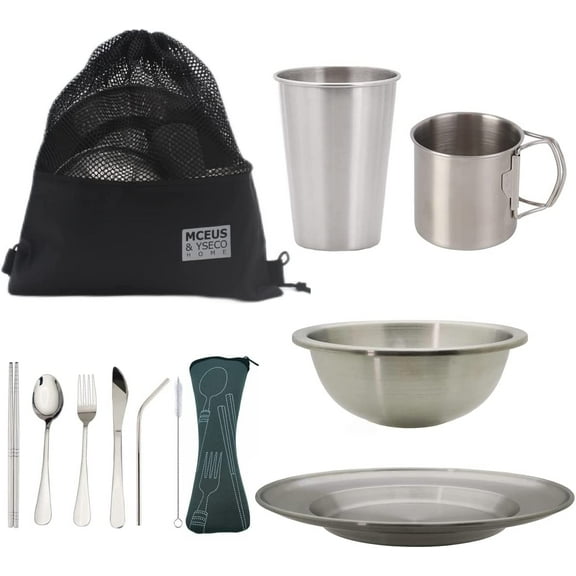 Compact Camping Mess Kit for 1 Person, Reusable Dish Set, Polished 304 Stainless Steel Complete Plates Cups and Bowls Set with Mesh Bag Backpacking, Hiking
