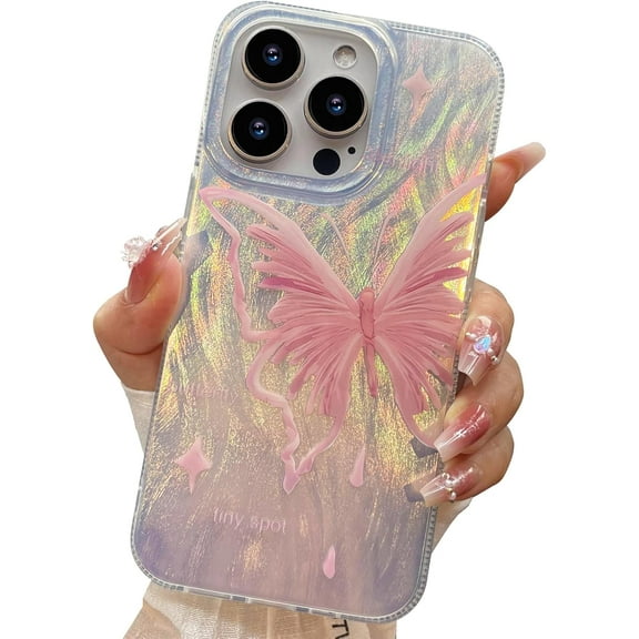 Compact Case for iPhone 15 Pro Pink Butterfly Design,Cute trendy Soft Slim TPU Shockproof Protective Phone Cases Cover for Women Girls Aesthetic GlitterShiny Silver
