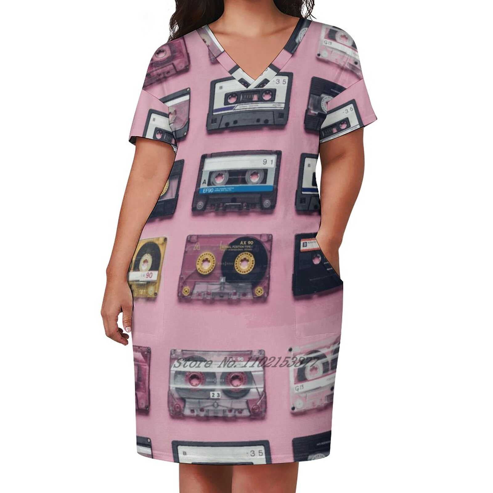 Compact Cassette Retro Loose Pocket Dress Women Casual V Neck Dress Compact Cassette Retro Loose Pocket Dress Women Casual V Neck Dress