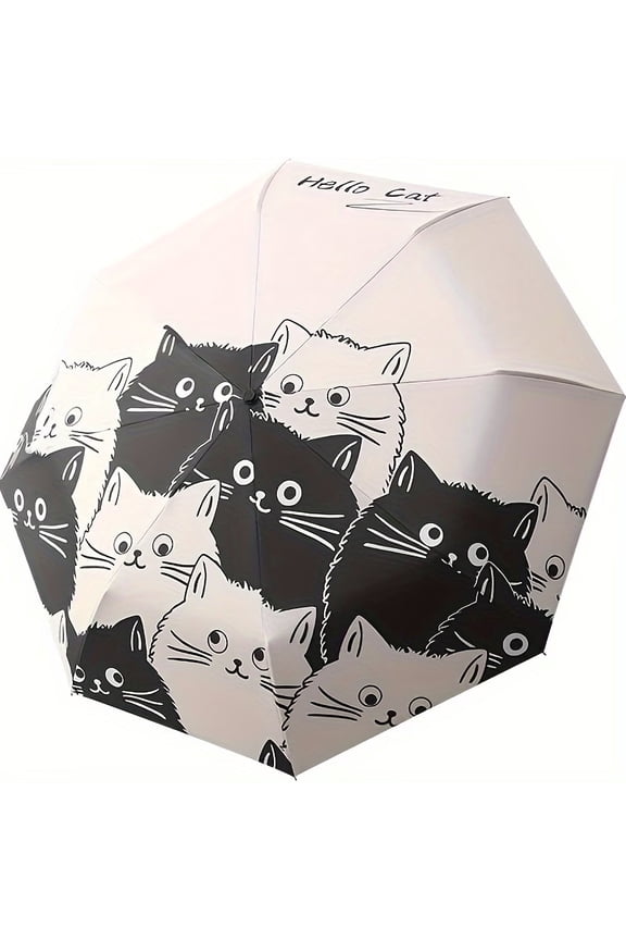 Compact Cat Pattern Umbrella Automatic Folding Umbrella, Portable Travel Umbrella for Rain and Sun
