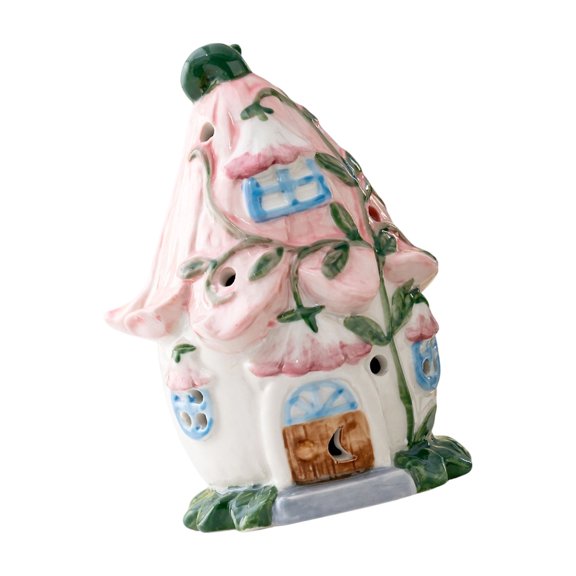 Compact Ceramic Cottage Decor Light with Cutout Openings, Floral Roof and Soft Light for Bedroom Tabletop Decor Use