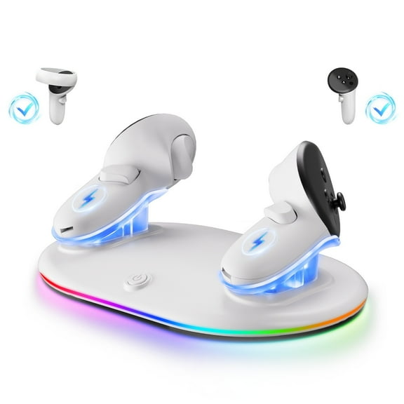 Compact Charging Dock for Meta Quest 3/3s/2 Controllers with RGB Light, VR Accessories Display Stand & Wireless Charging Station for Oculus Controllers with Rechargeable Batteries (2100mAh*2)