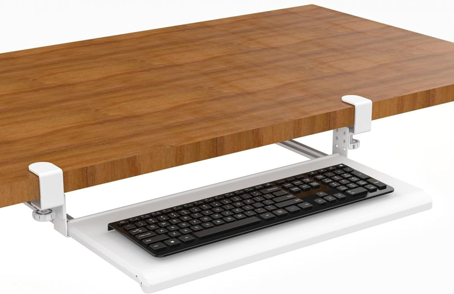 White Adjustable Clamp-On Retractable Keyboard Tray