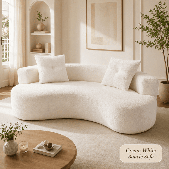 Compact Cloud 79.5" Cream White Boucle Floor Sofa, 3-Seat Boneless Couch with Foam Spring Support, 2 Pillows, No Assembly for Apartment Living