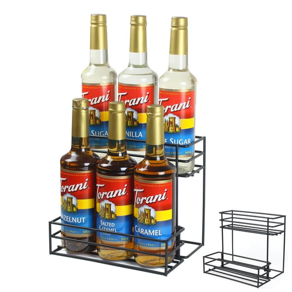 Compact Coffee Syrup Rack for Small Spaces, 6 Bottle Holder Organizer, Durable Metal Stand for Kitchen Bar Countertop, Wine and Condiment Storage, Black