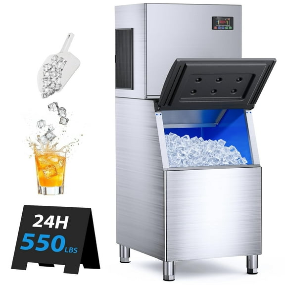 Compact Commercial Ice Maker - 450Lbs/24H Output, Self-Cleaning System, Large Storage Bin for Restaurant, Bar & Commercial Kitchens