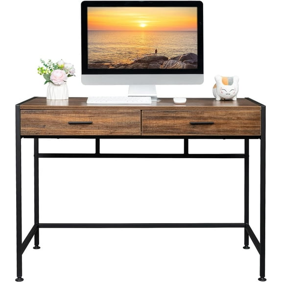Compact Computer Desk,Retro Wood Table Top Black Steel Frame Computer Desk Study Desk with Two Drawers,41.9" L x 19.6" W x 29.1" H,Vintage Wood Color
