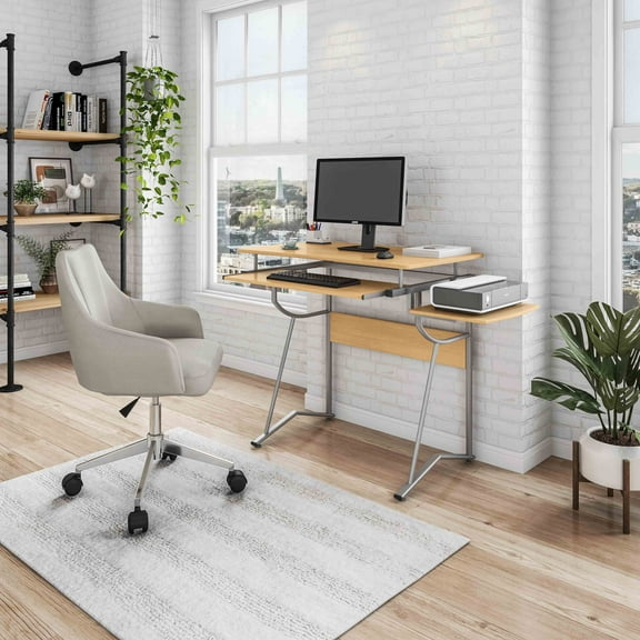Compact Computer Desk with Slide-Out Keyboard Tray & Side Accessory Shelf, Moisture Resistant MDF Scratch Proof Steel Frame Space Saving Home Office Laptop Workstation