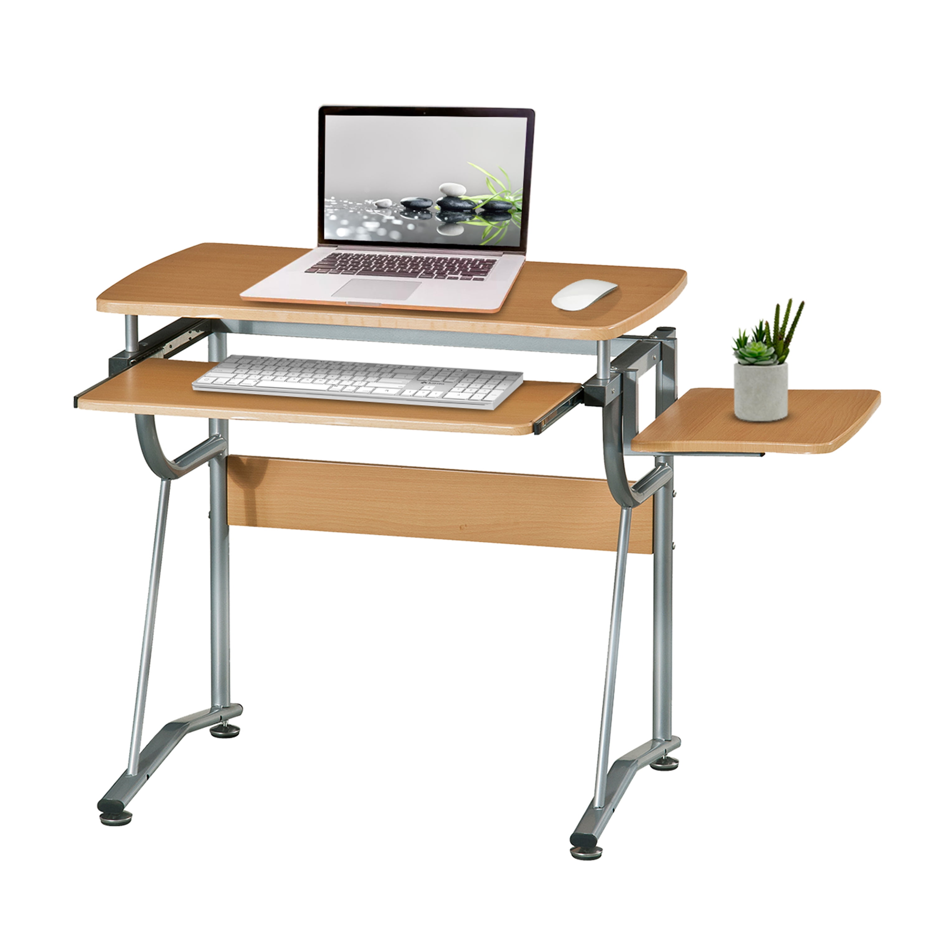 Compact Computer Desk with Side Shelf and Keyboard Panel, Cherry