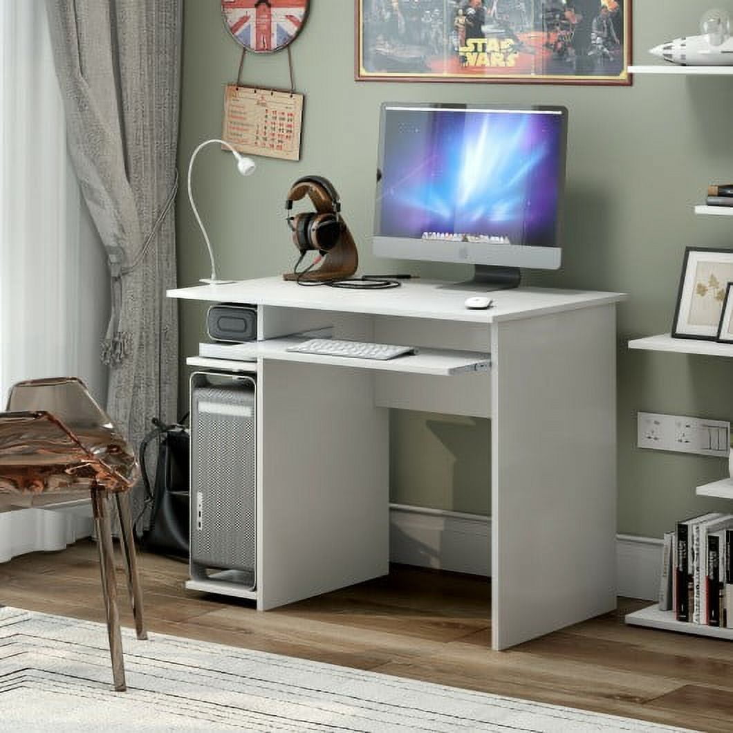 Compact Computer Desk with Slideout Keyboard Tray and Storage ShelvesWhite