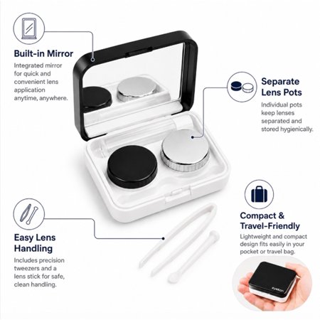 Compact Contact Lens Travel Case with Mirror – Portable Mini Holder Box Kit for Daily & On-the-Go Lens Care TIKA
