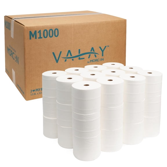 Coreless Commercial Toilet Paper, 2 Ply High Capacity Bath Tissue Rolls, 1000 Sheets Per Roll Compact Design, 36 Rolls for High Traffic Areas