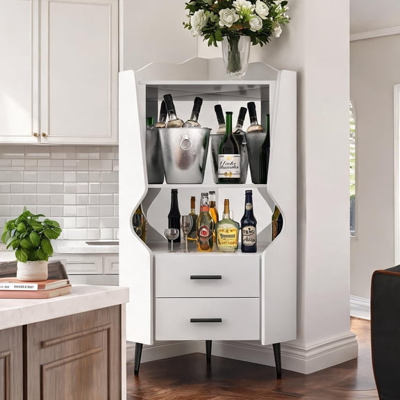 Compact Corner Bar Cabinet in Classic White with Mirrored Back and Two Drawers, Engineered Wood, Modern Style