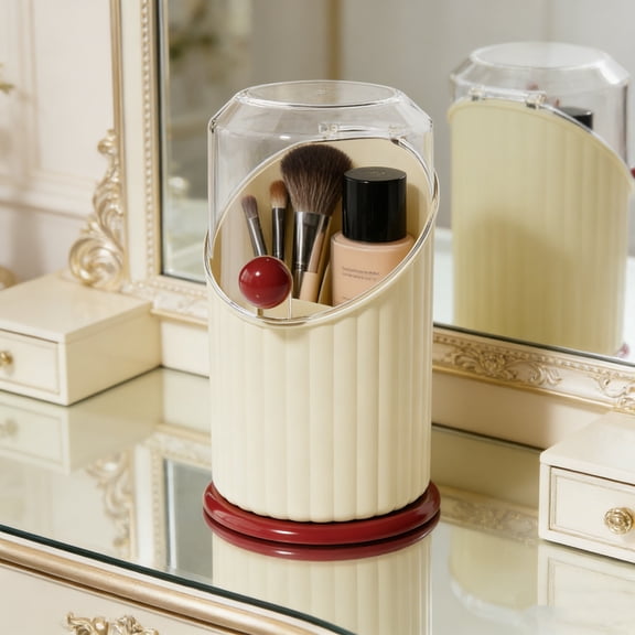 Compact Cylindrical Makeup Brush And Cosmetic Organizer With Lid, Large Round Storage Holder For Lipsticks Eyeliners Mascaras, Durable Plastic Vanity Counter Display, Portable Travel Friendly