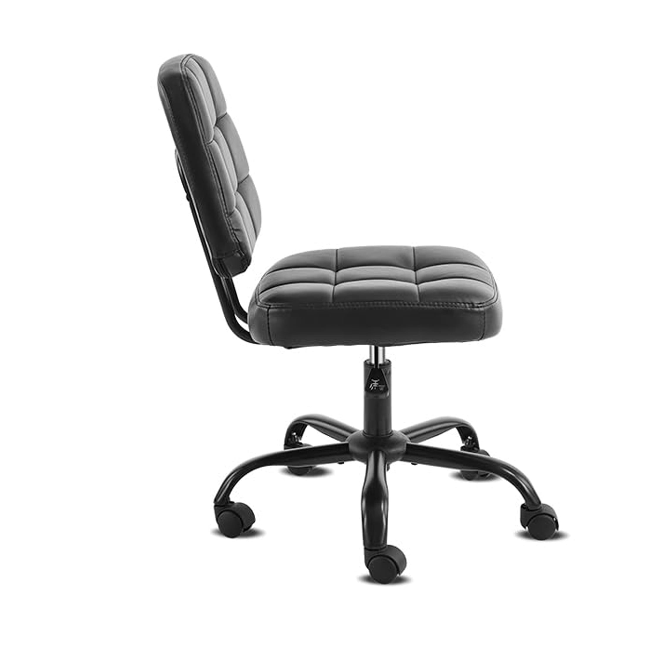 Compact Desk Chair, Armless Vanity Chair with Wheels, Small Low Back Task Chair, Height Adjustable Swivel Stool, PU Leather Rolling Seat, Home Office, Bedroom, Makeup Room, Dorm, Black