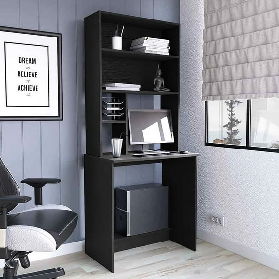 Compact Desk with Five Shelves | Suited for Home Office Work, Black Computer Hutch Desk
