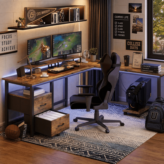 Computer desk Set for 2 , 66 inch Space-Saving Design - Metal Frame & Wood Top -Retro