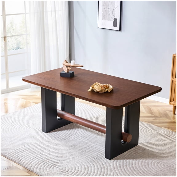 Compact Dining Table for Small Spaces, Walnut and Black Two-Tone MDF Table, Modern Kitchen & Apartment Furniture