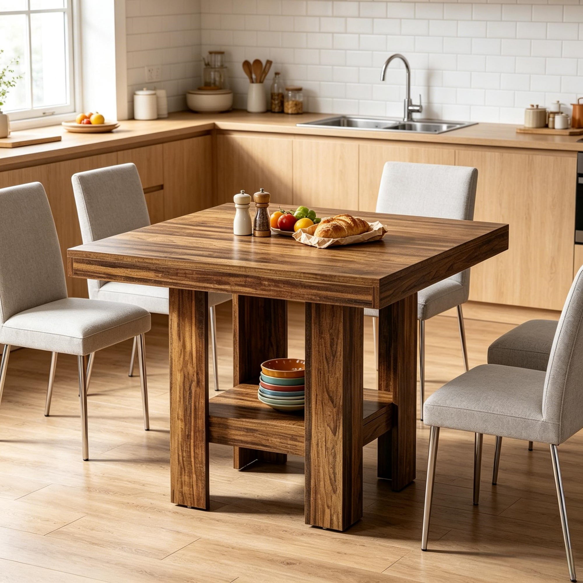 Compact Dining Table with Lower Storage Shelf, Sturdy MDF Multi-Purpose Table for 4 People Small Apartment Kitchen Office Gaming