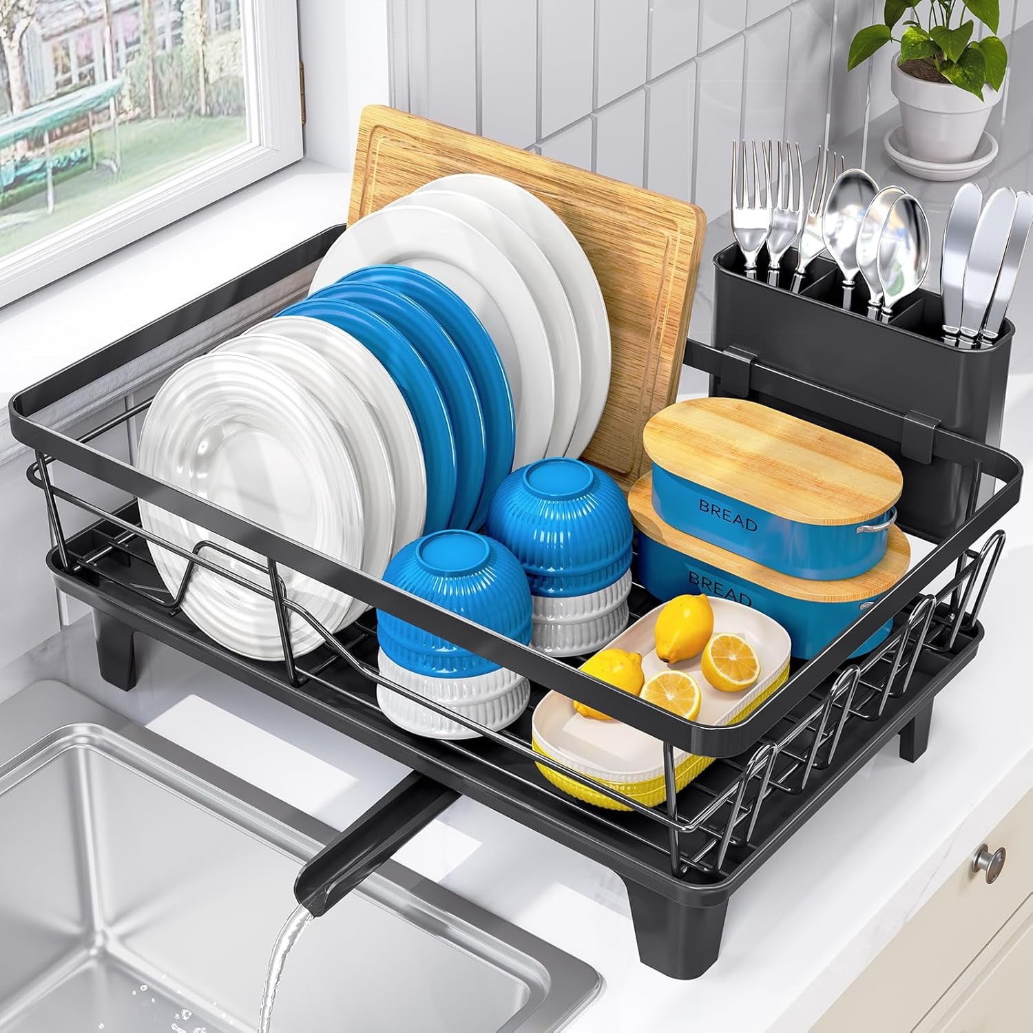 Compact Dish Drainer for Kitchen Counter - Expandable Large Capacity Drying Rack with Removable Cutlery Holder, Anti-Rust Plate Rack, Non-Slip Feet