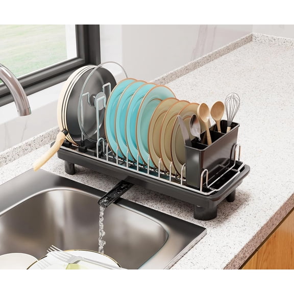 Compact Dish Drying Rack,Small Dish Rack for Kitchen Counter, Dish Drainer with 360° Rotatable Spout,Plate Rack, Dish Strainer with Cutlery Holder for Pots, Fork & Knives Space Saving