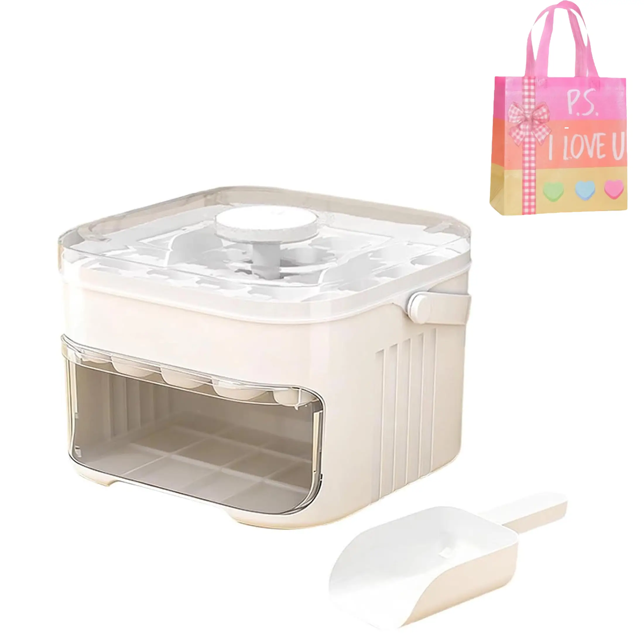 Compact Double Layer Ice Cube Tray 1pc White, with Lid and Bin for Freezer One-Click Demolding