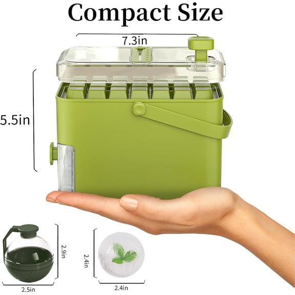 Compact Double Layer Ice Cube Tray with Lid and Bin, One-Click Demolding, Pull-Out Ice Drawer with Portable Handle, Includes 2 Large Ice Ball Molds (Green)