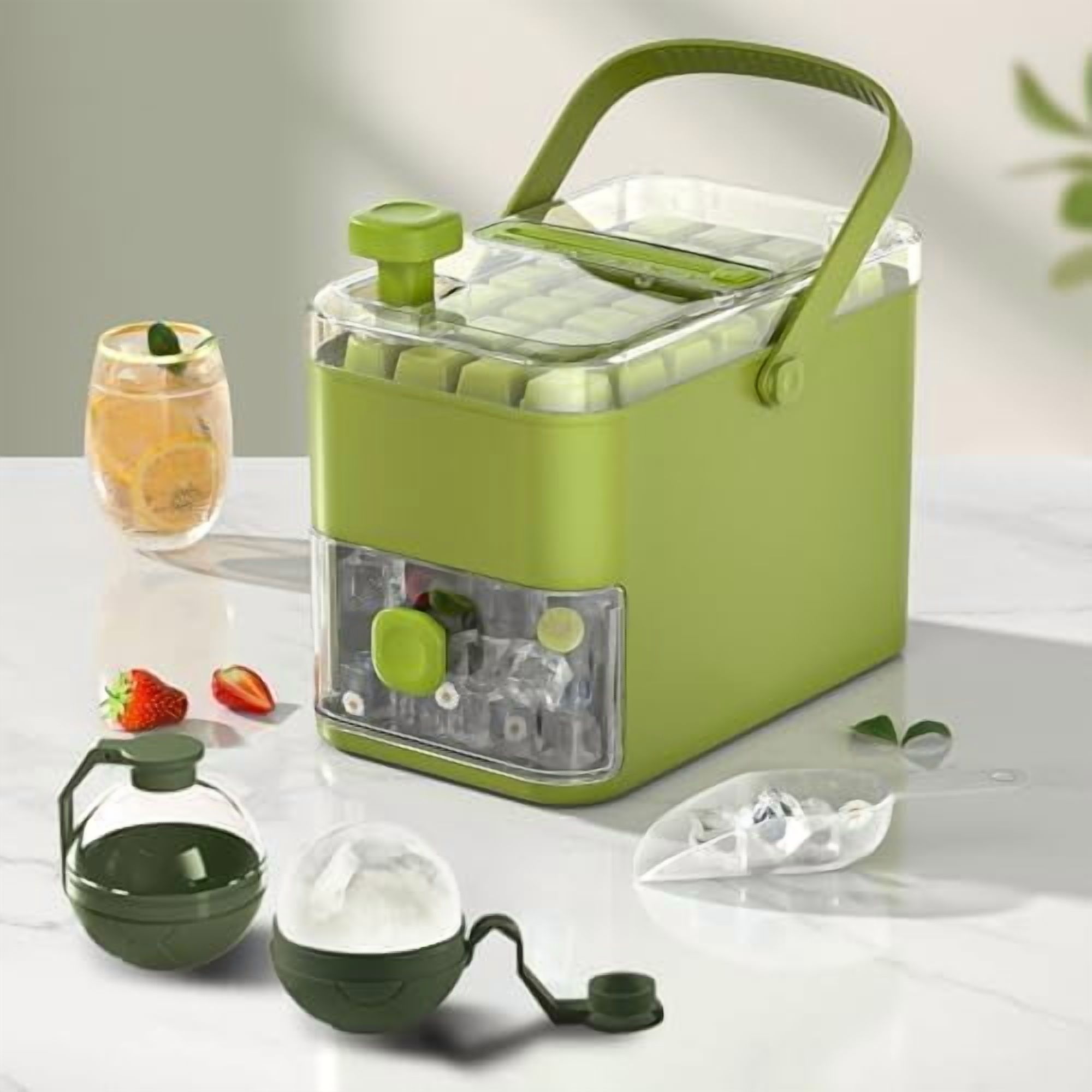 Compact Double Layer Ice Cube Tray with Lid and Bin, One-Click Demolding, Pull-Out Ice Drawer with Portable Handle, Includes 2 Large Ice Ball Molds (Green)