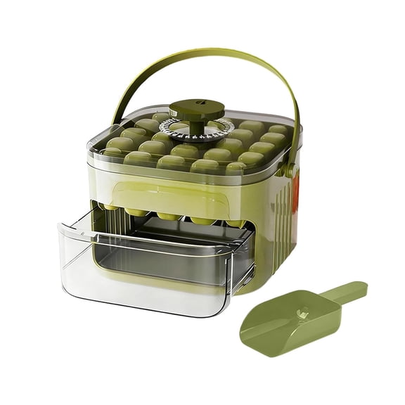 Compact Double Layer Ice Cube Tray with Lid and Bin, Pull-Out Ice Drawer with Shovel and Portable Handle for Freezer, One-Click Demolding, One-Touch Operation for Home, Office, RV(green)Q