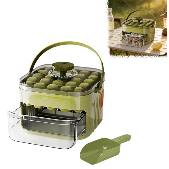 Compact Double Layer Ice Cube Tray with Lid & Bin, Pull-Out Ice Drawer with Shovel & Portable Handle, One-Click Demolding for Home, Office, RV(RL Green 1 PC)