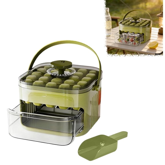 Compact Double Layer Ice Cube Tray with Lid & Bin, Pull-Out Ice Drawer with Shovel & Portable Handle, One-Click Demolding for Home, Office, RV(RL Green 1 PC)