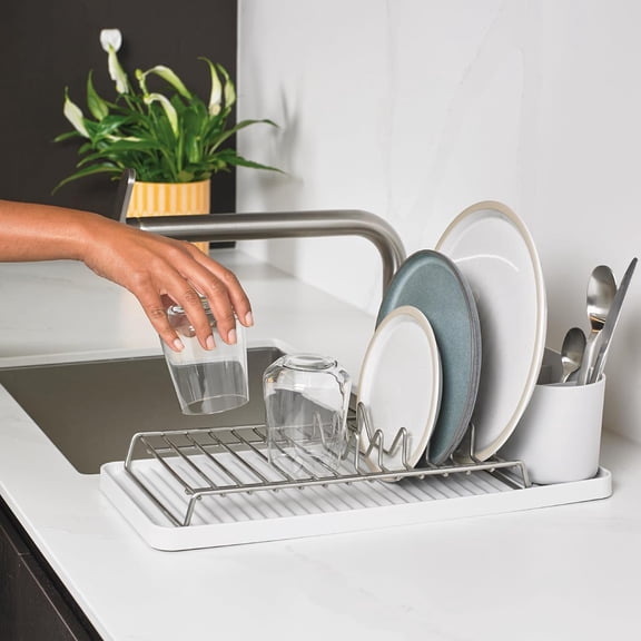 Compact Draining Rack - Kitchen Sinkside Dish Drainer - Stone, Compact