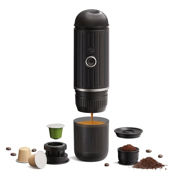 Compact Electric Espresso Maker, Dual Function Coffee Brewer for Outdoor Adventures, Self-Warming Car Coffee Maker with USB-C, Includes Ground Coffee And NS Capsule Adapter for Rvs, Hiking, And Work