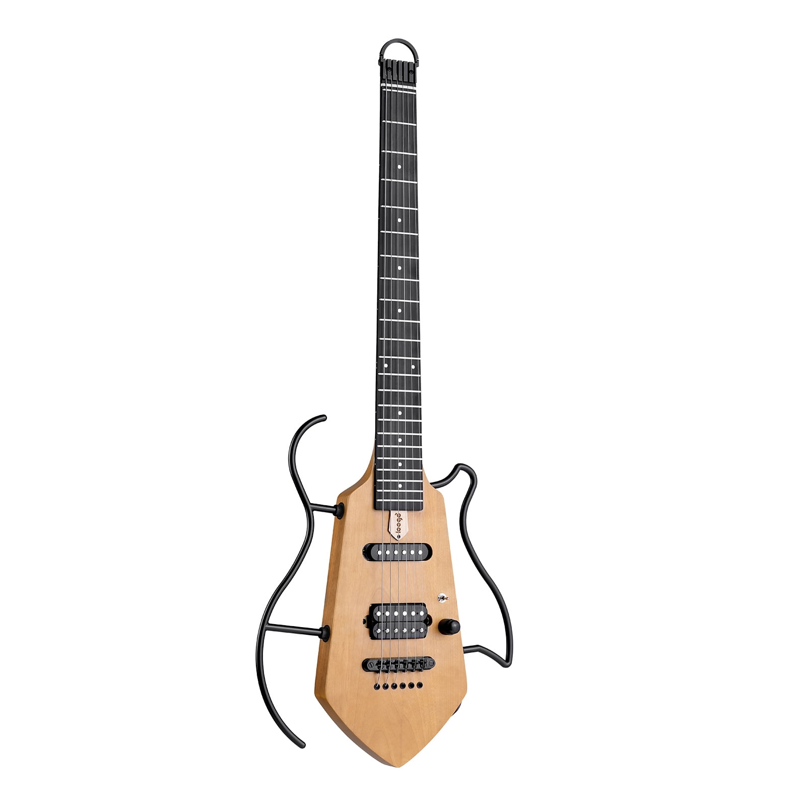 Compact Electric Guitar, Small Lightweight Headless Guitar for Travel and Practice, Portable Solid Body Easy Assemble Stands wtih Gig Bag, Natural