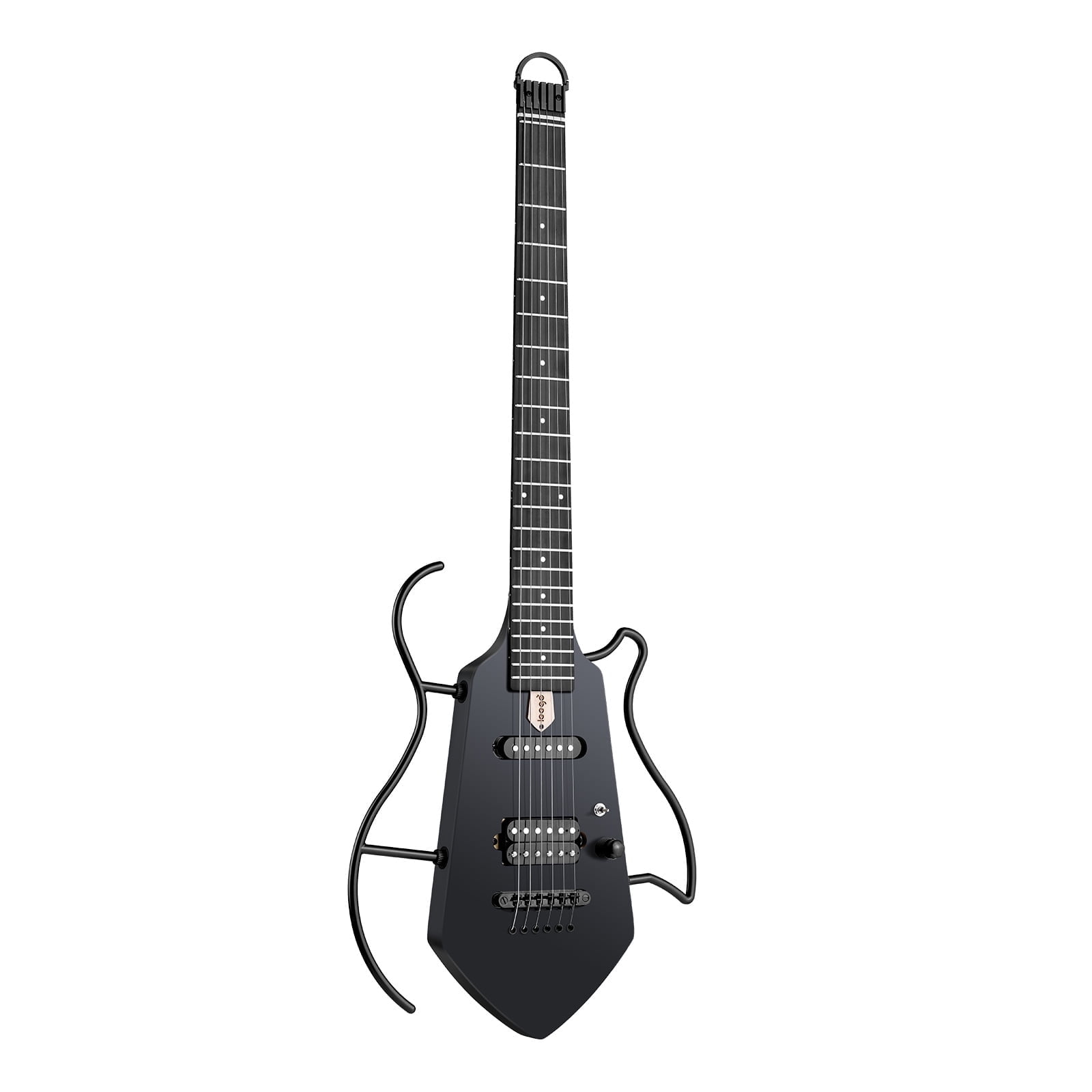 Compact Electric Guitar, Small Lightweight Headless Guitar for Travel and Practice, Portable Solid Body Easy Assemble Stands wtih Gig Bag, Black