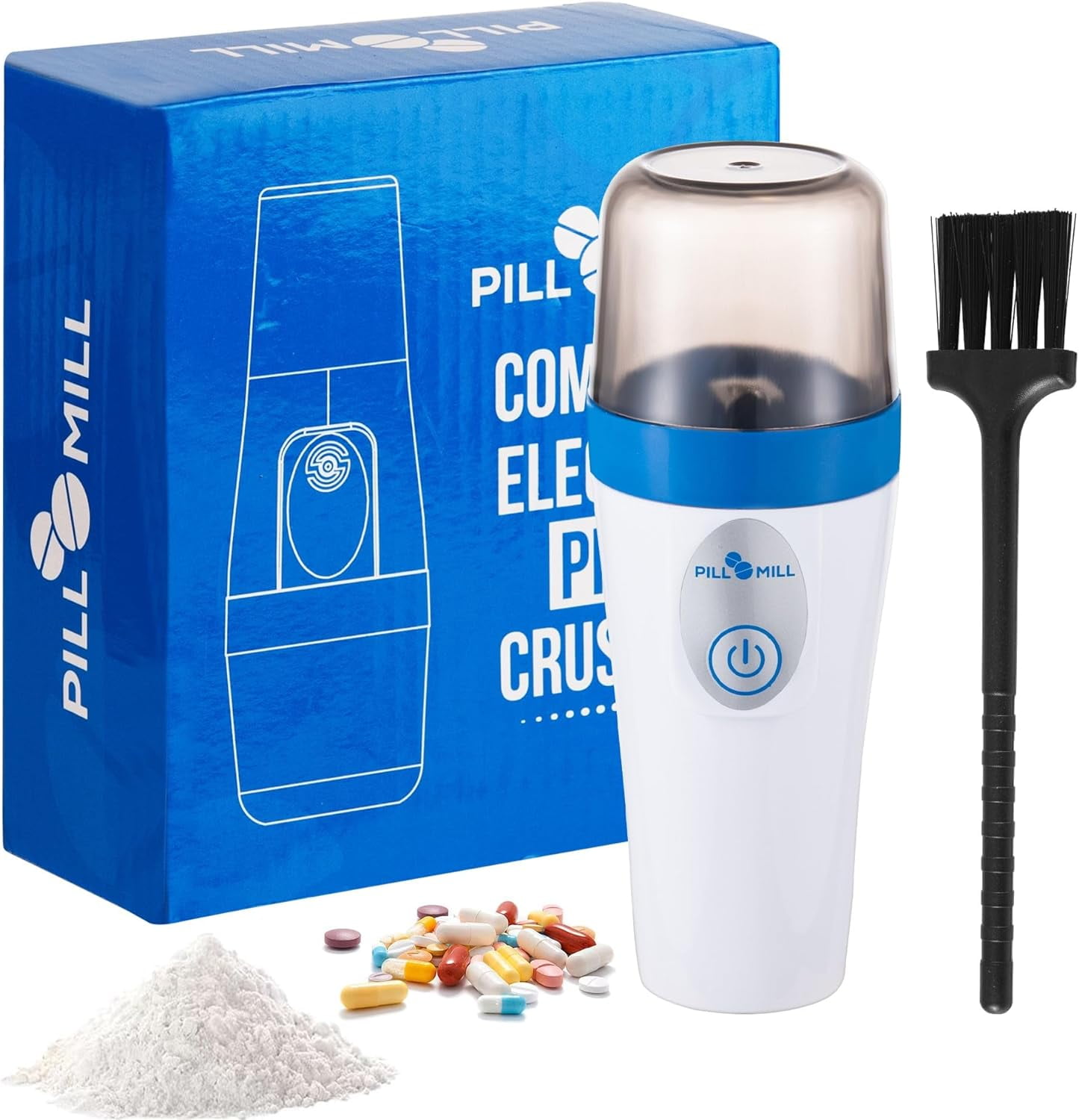 Compact Electric Pill Crusher Grinder by Pill Mill - Fine Powder Electronic Pulverizer for Small and Large Medications & Vitamin Tablets - Travel-Friendly, Comes with a Brush