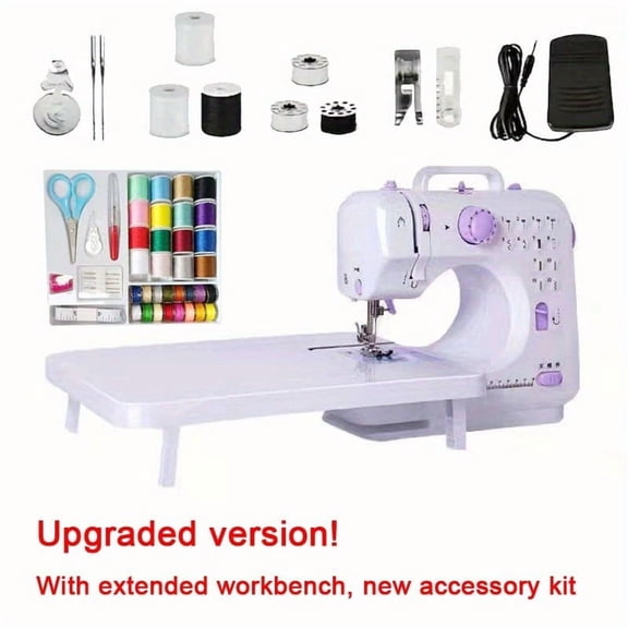 Compact Electric Sewing Machine with 42pcs Kit & Extension Table: 12 Built-In Stitches, Two Speeds, US Plug, Foot Pedal, Light & Multifunctional for Edge Securing & Home Sewing