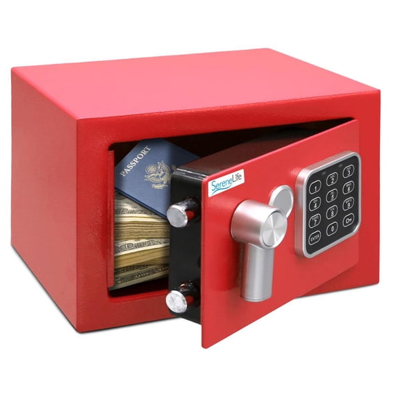 Compact Electronic Safe Box with Digital Touch Pad, Mechanical Override, Includes Keys (Red)