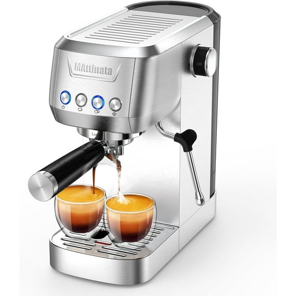 Compact Espresso Machine, 20 Bar Pressure, Stainless Steel Construction, with Steam Milk Frother.