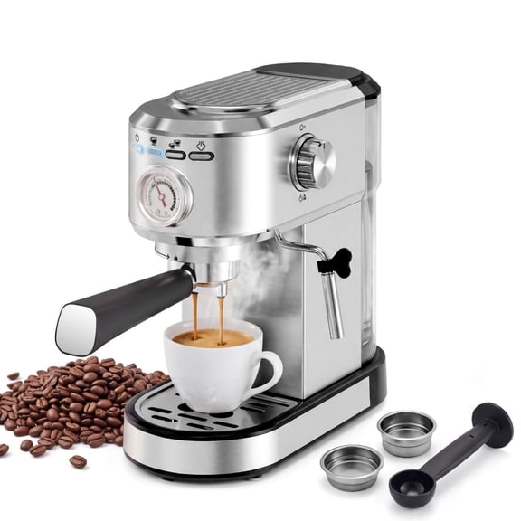 Compact Espresso Machine and Cappuccino Maker, 20-Bar Professional Pump Coffee Machine with Pressure Gauge, Silver