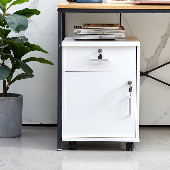 Compact File Cabinet with Lockable Door, Rolling Storage Organizer for A4 Legal Documents, Space-Saving Design for Small Offices, White