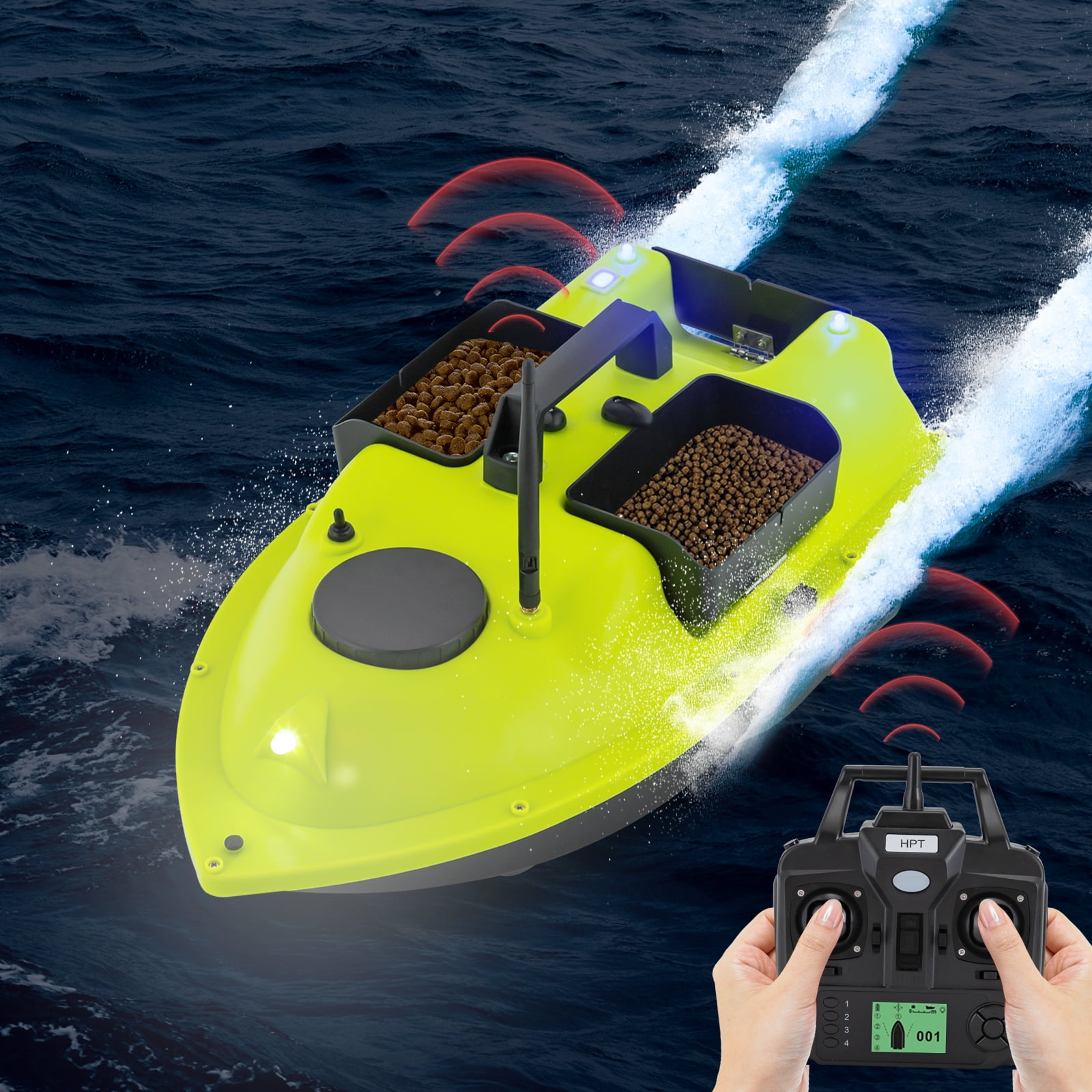 Compact Fishing Boat with Night Lights, Remote Control, 2 Powerful Batteries, 99 Trolling