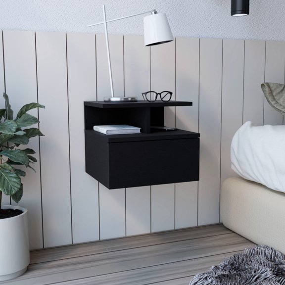 Compact Floating Nightstand For Bedroom - Black And Practical Space End Table Use