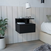 Compact Floating Nightstand With Shelf - Black Modern Bedroom End Table Drawer And Construction