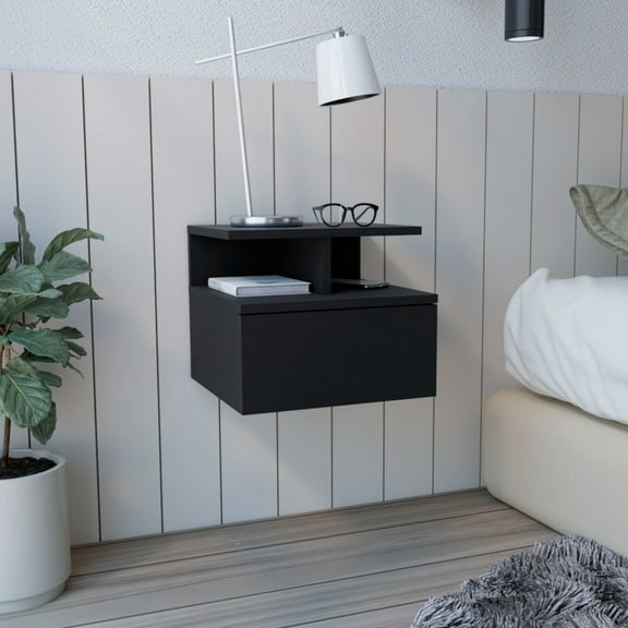 Compact Floating Nightstand With Shelf - Black Modern Bedroom End Table Drawer And Construction