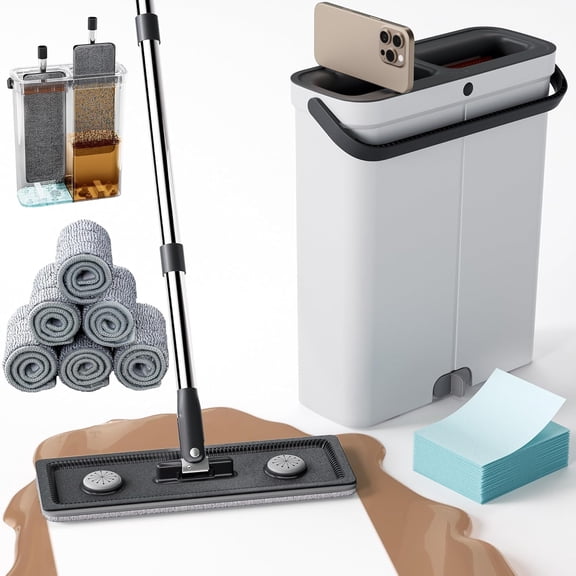 Compact Floor Mop and Bucket - Flat Mop and Bucket with Wringer Set Hands | Wet Dry Mop for Apartment, , RV, , Wall, Hardwood, , Floor with 6 Microfiber Cloths