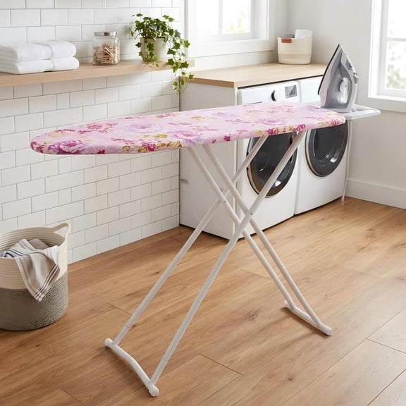Compact Foldable Ironing Board, Adjustable Height Non-Slip Ironing Table with Floral Cover for Household Small Space - Purple