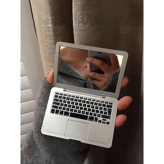 Compact Foldable Makeup Mirror Pocket Sized Laptop Design Portable With Keypad Details Pink For Travel Makeup On The Go 1PC Silver