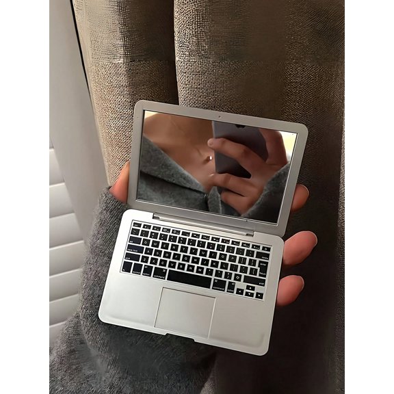 Compact Foldable Makeup Mirror Pocket Sized Laptop Design Portable With Keypad Details Pink For Travel Makeup On The Go 1pc White